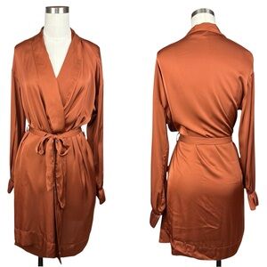 Stars Above Silky Satin Long Sleeve Flowy Relaxed Mini Robe Copper Bronze Rust